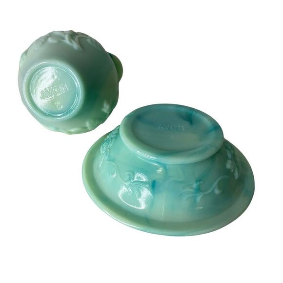 Vintage Avon Jade Marble Milk Glass Pitcher Mini Bowl Rose Victorian Blue - Picture 15 of 16